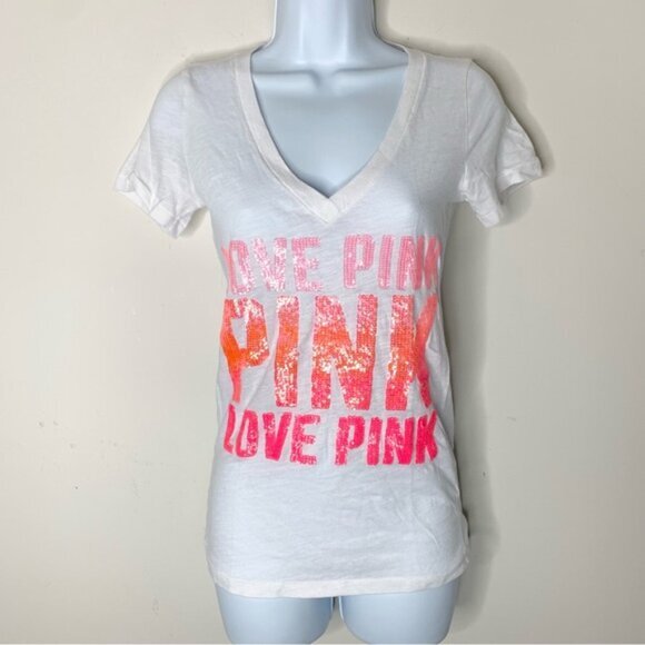 Pink Victoria’s Secret Sequin Letter T-shirt Short sleeve Y2K 2000s White XS - Picture 7 of 12